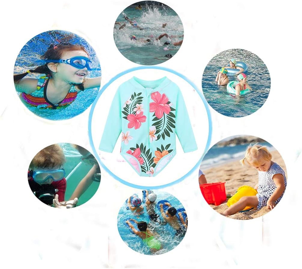 ZNYUNE Girls One Piece Rashguard Swimwear Long Sleeve Swim Suit with Zipper UPF 50 Sun Protection