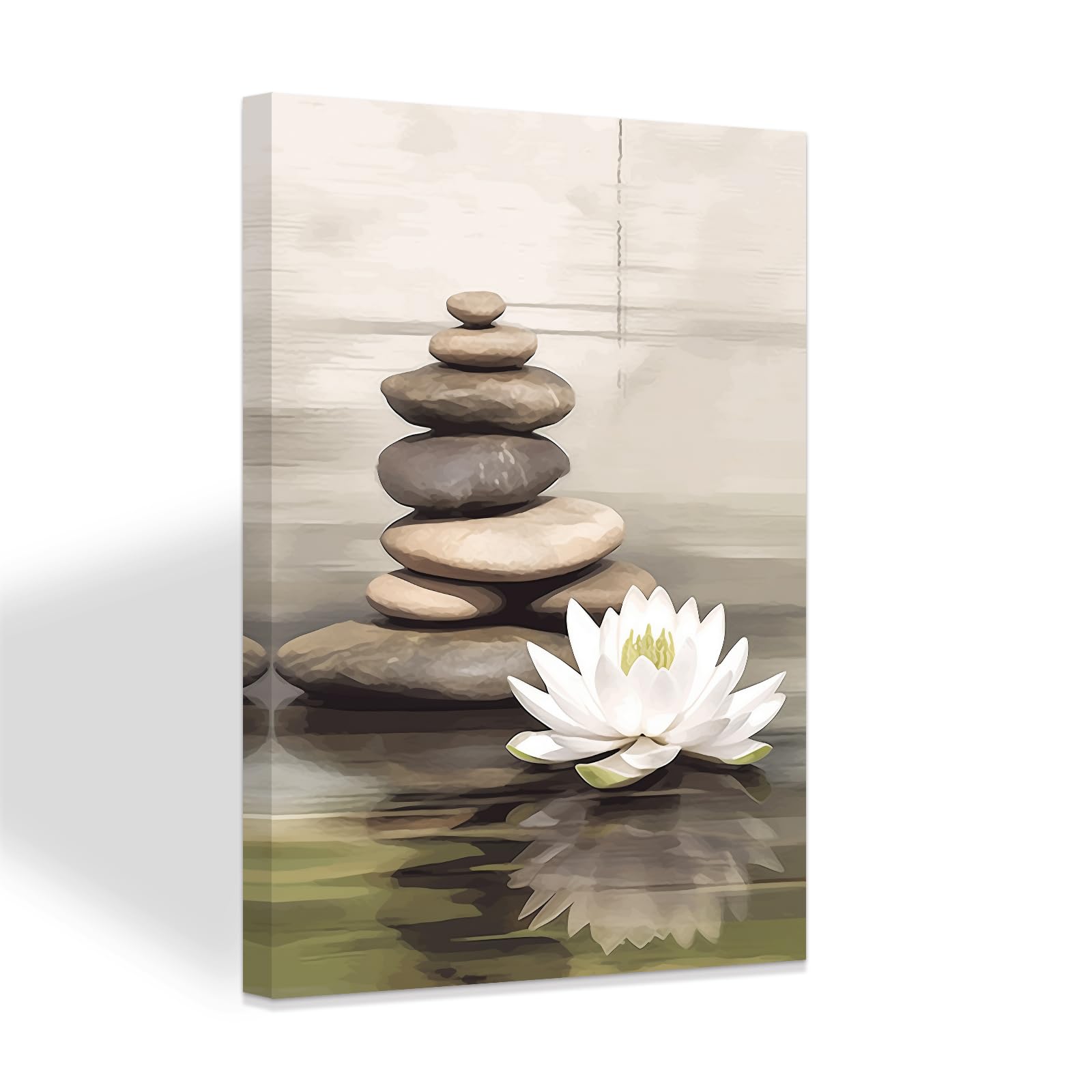 ZXHYWYM Zen Stones Canvas Wall Art White Lotus Flower Picture Relax Calming Spiritual Print Bathroom Bedroom Meditation Yoga Spa Wall Decor Framed (A, (40.00 x 60.00 cms))