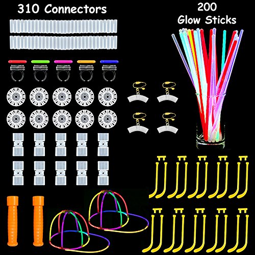 Glow Sticks,200 8" Glow Sticks 510PC Glow Party Supplies Favors Connectors for Glow Caps/Ear Rings/Finger Rings/Necklaces/Bracelets/Flowers/Balls with Glow Divergence Bars