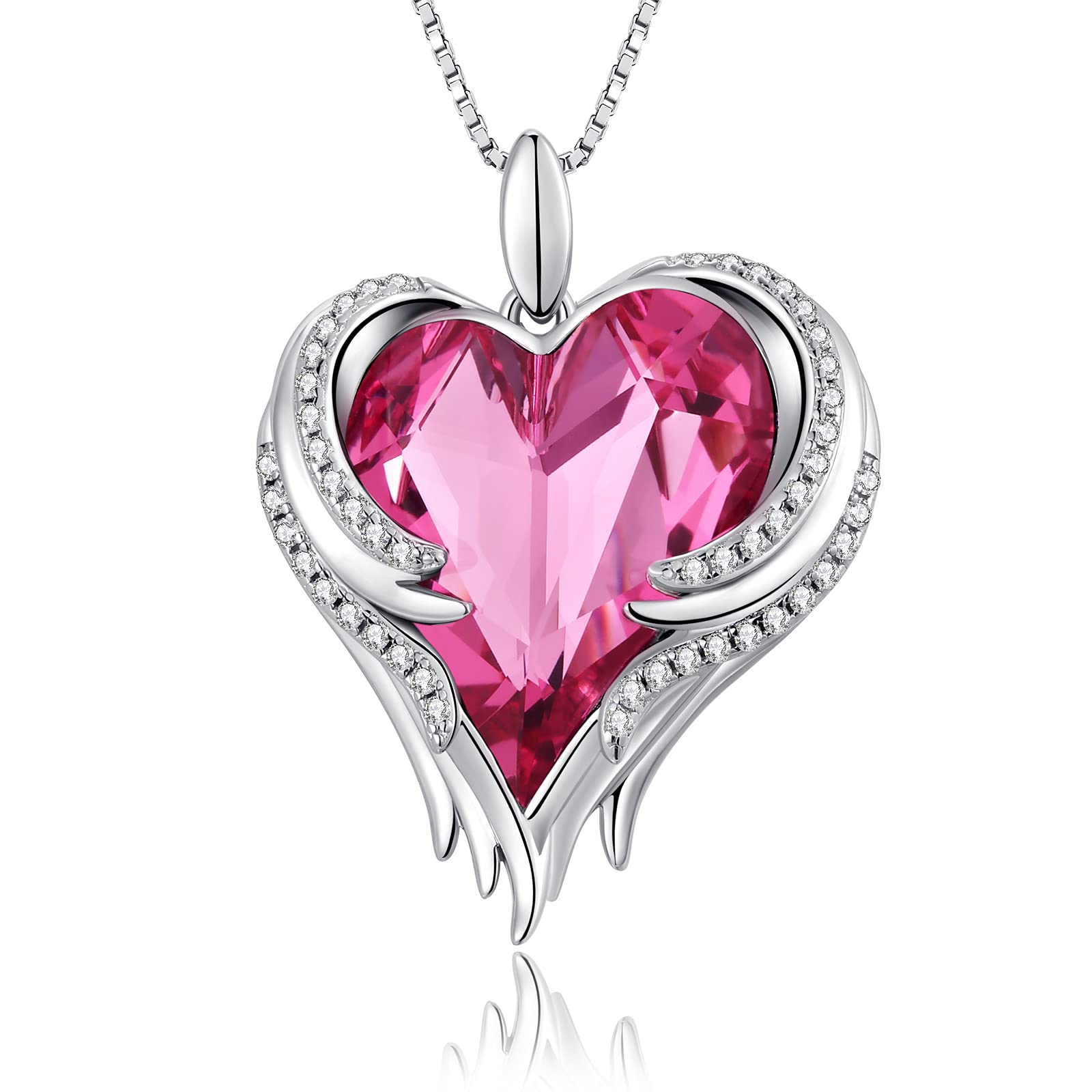 Love Heart Necklaces, Love Heart Angel Wings Pendant Necklace for Women Silver Crystal Necklace Women Silver Tone Crystal Birthstone Necklace CZ Diamond Necklace Pink Crystal Pendant Necklace Mom