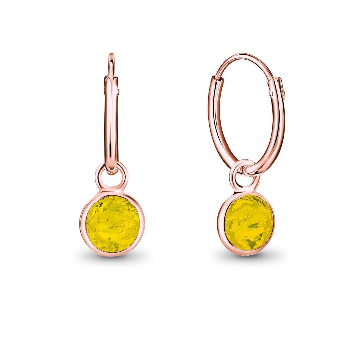 DTPsilver® 925 Sterling Silver Rose Gold Plated SMALL Hoops Earrings - Dangling 5 mm Round Glittering Crystals from Swarovski® Elements - Diameter 12 mm - Colour: Yellow Opal