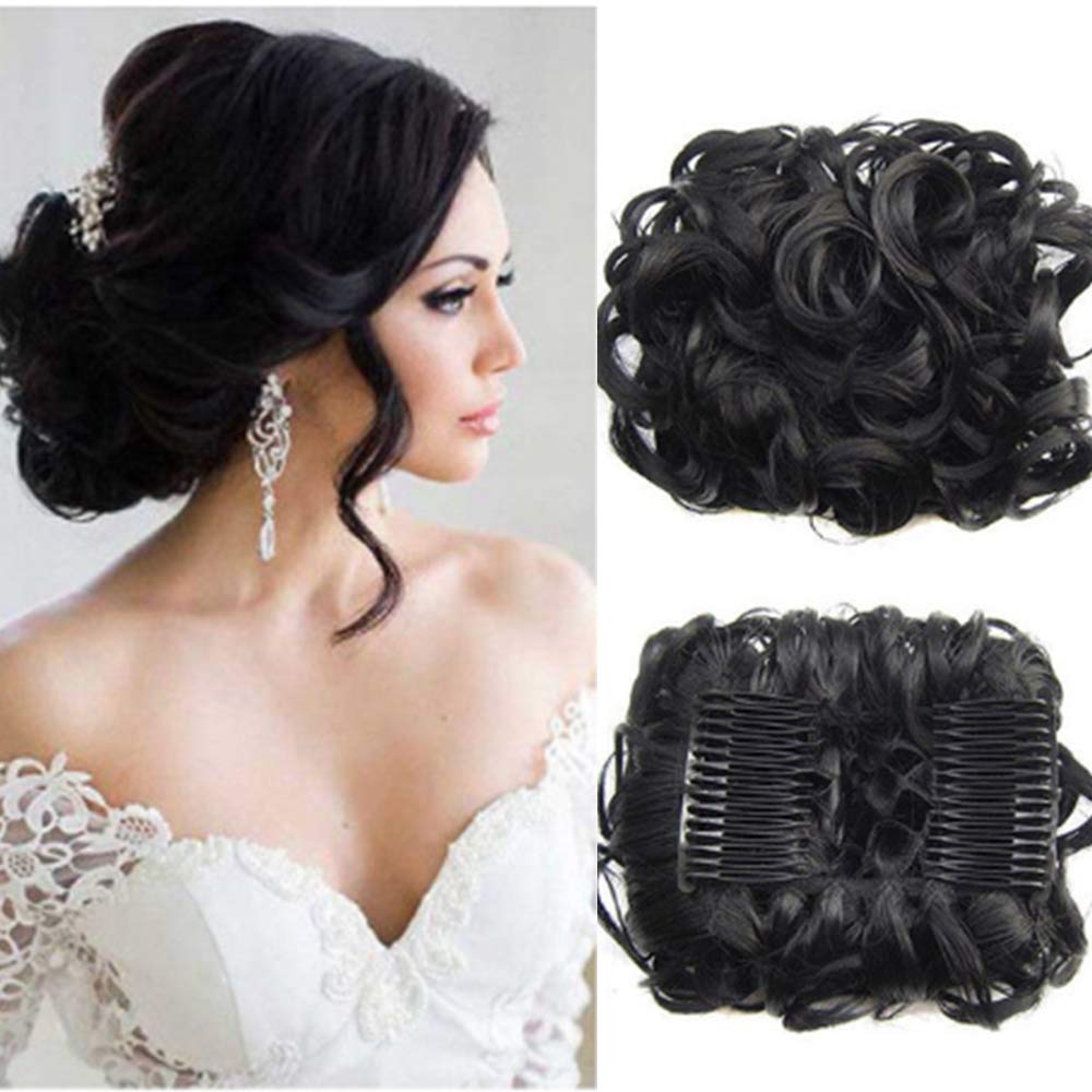 Silk-co Combs Hairpieces Hair Bun Scrunchy Scrunchie Updo Clip in Chignon Short Messy Curly Wavy Hair Extensions # Jet Black