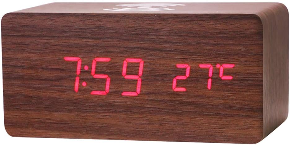 Yaobuyao Electronic Alarm Clock/Mobile Phone Wireless Charging Wood Clock Three Groups of Alarm Settings Voice Control Function Time Temperature Display Perpetual Calendar,B