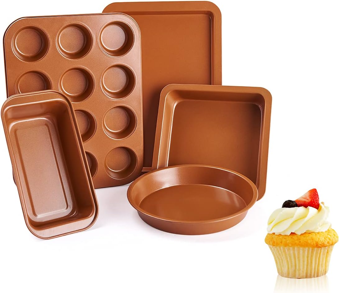 Vplus Bakeware Sets 5 Pcs Nonstick Carbon Steel Baking Include Round Cake Pan, Loaf Pan, Cookie Sheet, Square Pan, and 12 Cups Muffin Pan: Kitchen & Dining