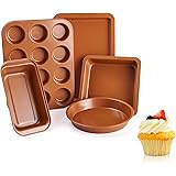 Vplus Bakeware Sets 5 Pcs Nonstick Carbon Steel Baking Include Round Cake Pan, Loaf Pan, Cookie Sheet, Square Pan, and 12 Cup