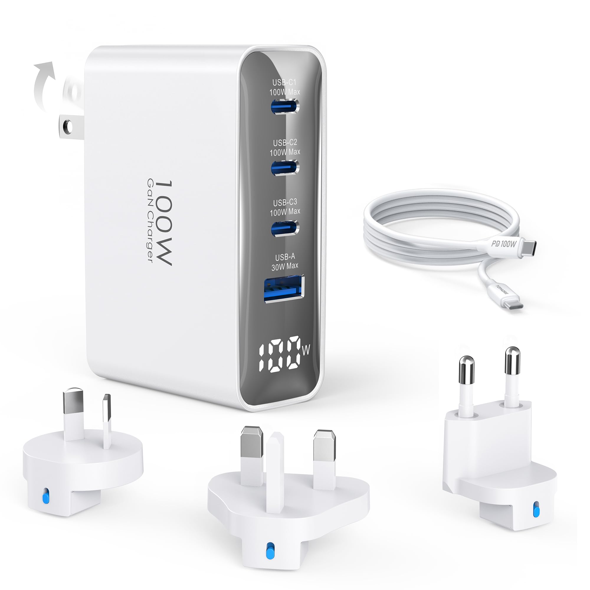 Topadre 100W USB C Travel Charger, 4-Ports Foldable Travel Adapter Plug Converter with UK/EU/AU Plugs,Fast Charging for Macbook Pro/Air,for iPad Pro/iPhone 16/15 Pro Max, for 45w Samsung Galaxy, White