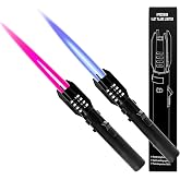 Torch Lighter 2 Pack Red+Blue Straight Flame Long Torch Lighter Bright Fire Butane Refillable Windproof with Flame Adjustable and Safety Lock for Camping Candles Cooking Outdoor Gift, 8"(Without Fuel)