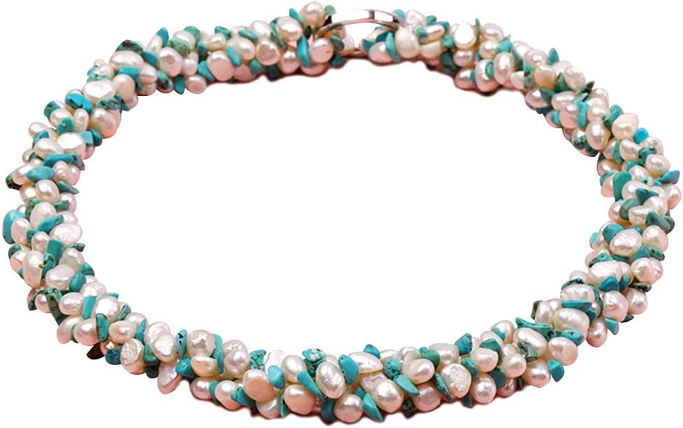 JYX Pearl Triple Strand Necklace 5-6mm Natural White Flat Freshwater Pearl with Turquoise Chips Necklace