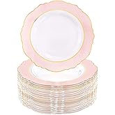 WDF 60pcs Pink Plastic Plates - 10.25inch Baroque Pink And Gold Disposable Dinner Plates for Upscale Parties -Special for Valentine's Party, Wedding, Birthdays