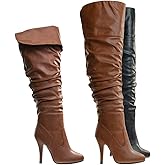 Forever Link High heel Wrinkled Slouchy Dress Boots - Stretch Foldable Over Knee
