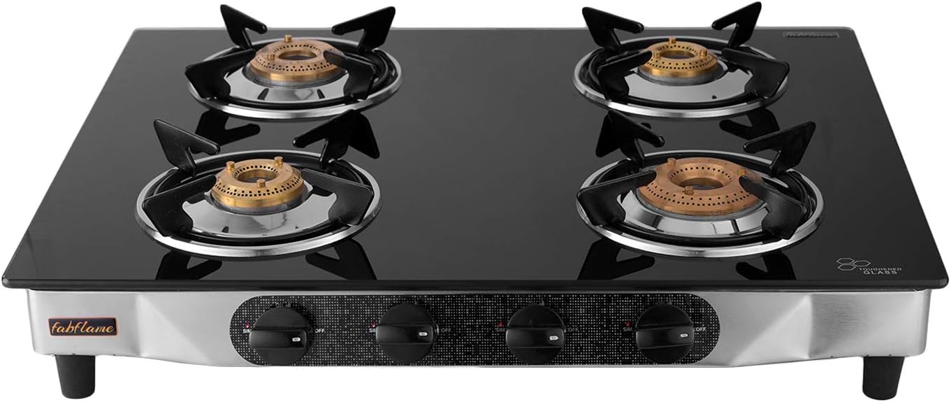 Fabflame Rigel Cooktop Stainless Steel Body with Toughened Glass Top 4 Tri Pin Burner LPG Gas Stove, Manual Ignition with Anti-Skid Legs FR004CT4B