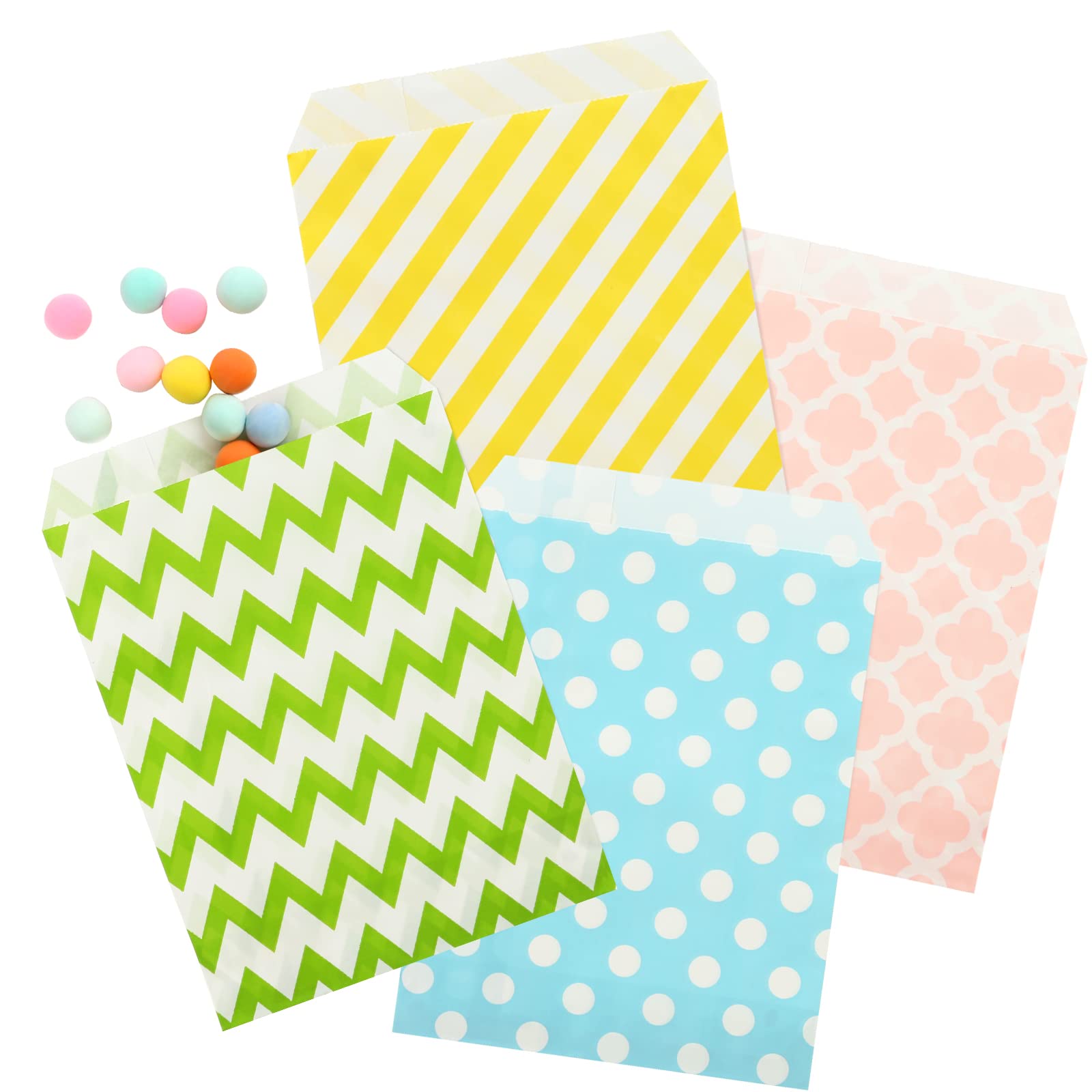 Kesote 100pcs Pastel Goodies Bags - Striped, Dotted, Wave & Clover Fern Designs - 5.1 x 7 Inch Paper Bags - Food Safe, Disposable - Perfect for Parties & Candy Buffets