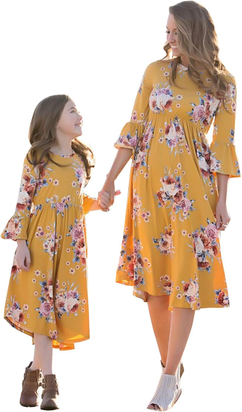 Family Matching Flower Print O-Neck Bell Sleeve Long Dress Mommy and Me One Piece Spring Fall Dress