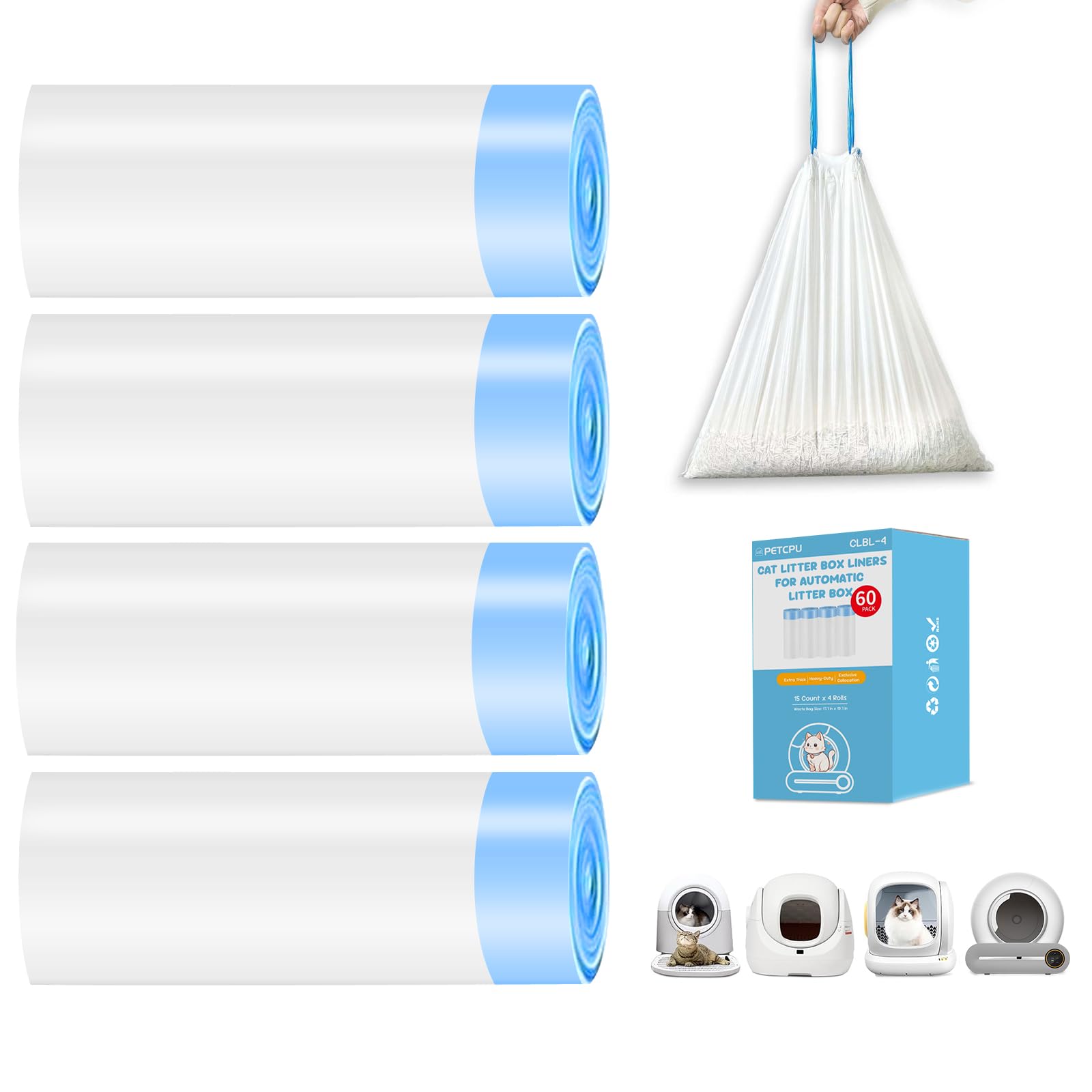 Photo 1 of 60 Count Cat Litter Box Liners for Self-Cleaning Cat Litter Box, Replacement Kitty Litter Liners, 4 Rolls Drawstring Waste Bags for Small Automatic Litter Boxs, 19.7 x 17.7 Inches?4 Packs/60 Counts?