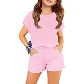 Haloumoning Girls Summer Outfits Casual Lounge Set Cap Sleeve T Shirt and Elastic Waist Shorts 2 Piece Clothing Sets
