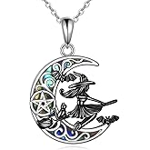 URONE Witch Necklace for Women 925 Sterling Silver Witch Cat Pendant Moon Pentagram Necklace Witch Jewelry