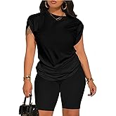 PINSV Women 2 Piece Outfits Summer Sweatsuits Biker Short Workout Jogger Sets