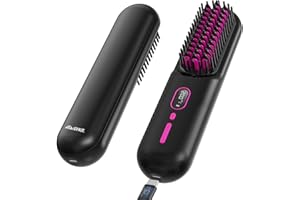 EMGYKIT Portable Cordless Hair Straightener Brush with LED Temperature Display, Mini Negative Ion Cordless Hair Straightener Brush with 2 Hair Clips, Type-C Cable, Carrying Pouch, Easy to Carry for Traveling