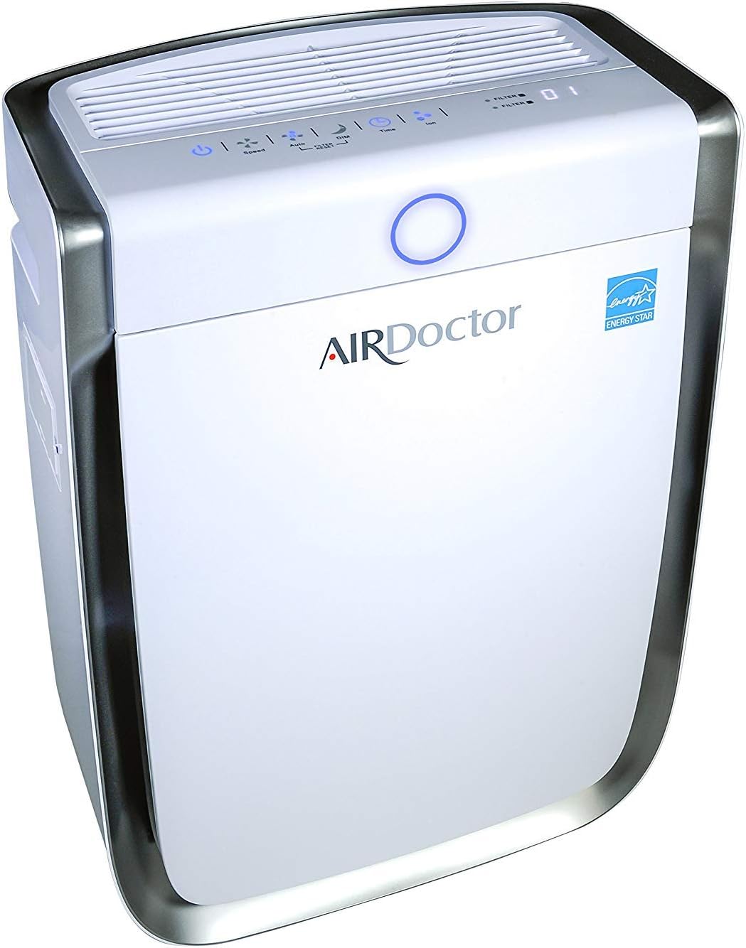 White AirDoctor air purifier with LED lights on.