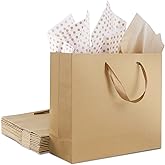 12 Pack Kraft Paper Bags, Large Gift Bags with Tissue Paper, Brown Paper Gift Bags with Ribbon Handles for Shopping, Small Business, Bridal Party, Wedding, Christmas and Holiday (12.5” x4.5” x11”)