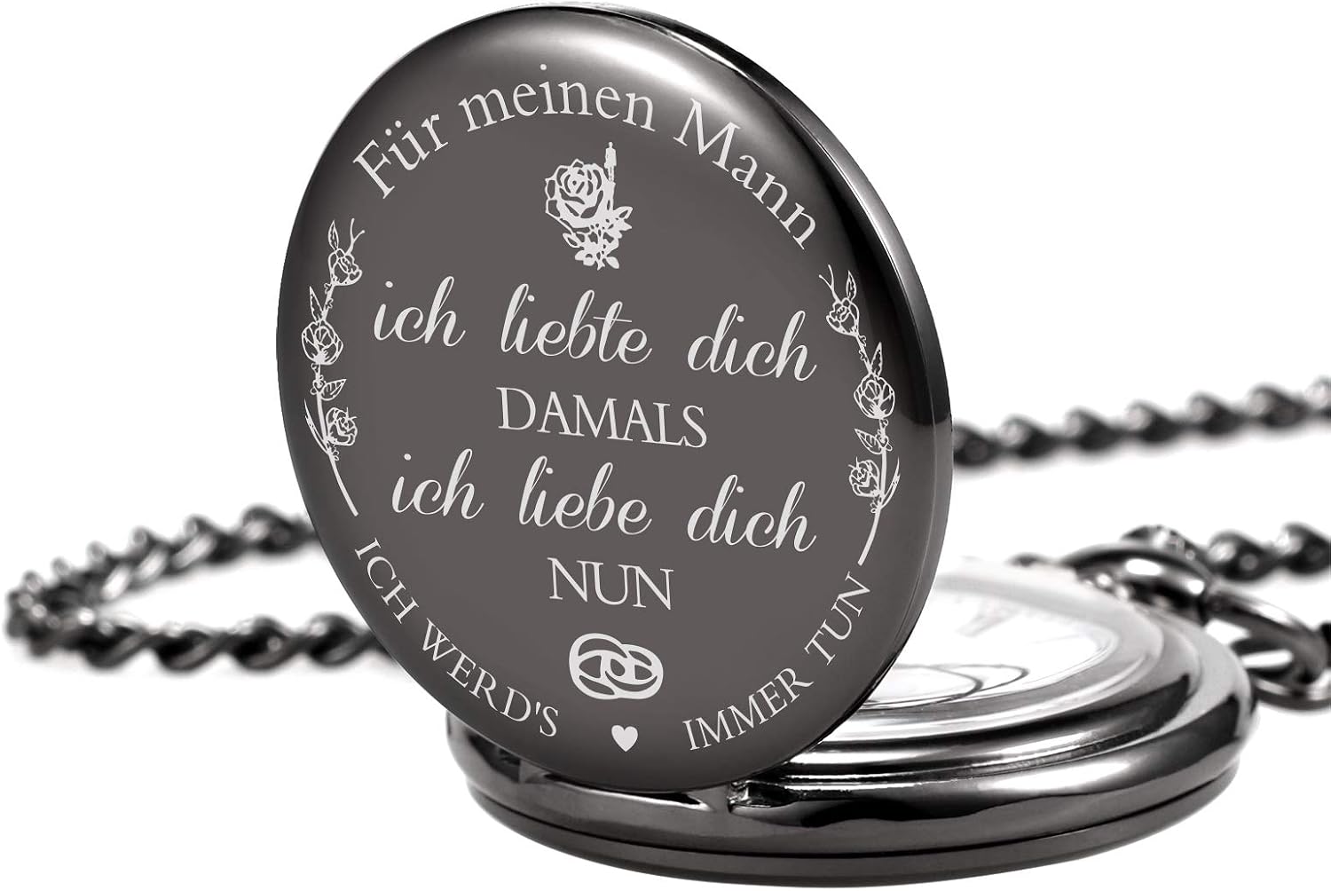 TREEWETO Pocket Watch with Engraving Chain Men's Black Gift for Birthday Wedding Anniversary Husband - Image 4