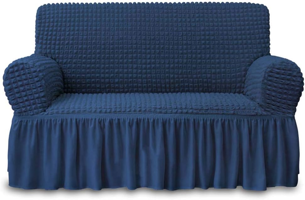 Slipcovers - NICEEC Loveseat Slipcover Blue Loveseat Cover 1 Piece Easy Fitted Sofa Couch Cover Universal High Stretch Durable Furniture Protector Love Seat with Skirt Country Style (2 Seater Navy Blue)