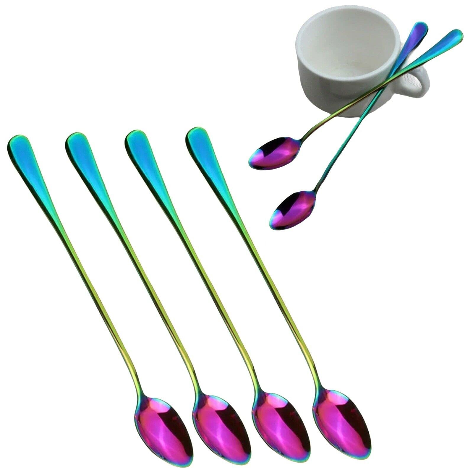 4X Rainbow Latte Spoon Long Handle Stainless Steel Spoon Coffe,Deserts,Hot Drink