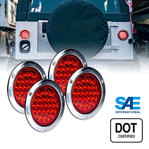 4pc 4″ Inch Round LED Trailer Tail Lights [DOT Certified] [Stainless Steel Chrome Bezel] [Connector Plug Included] Stop Brake Lights for Trucks RV Jeep
