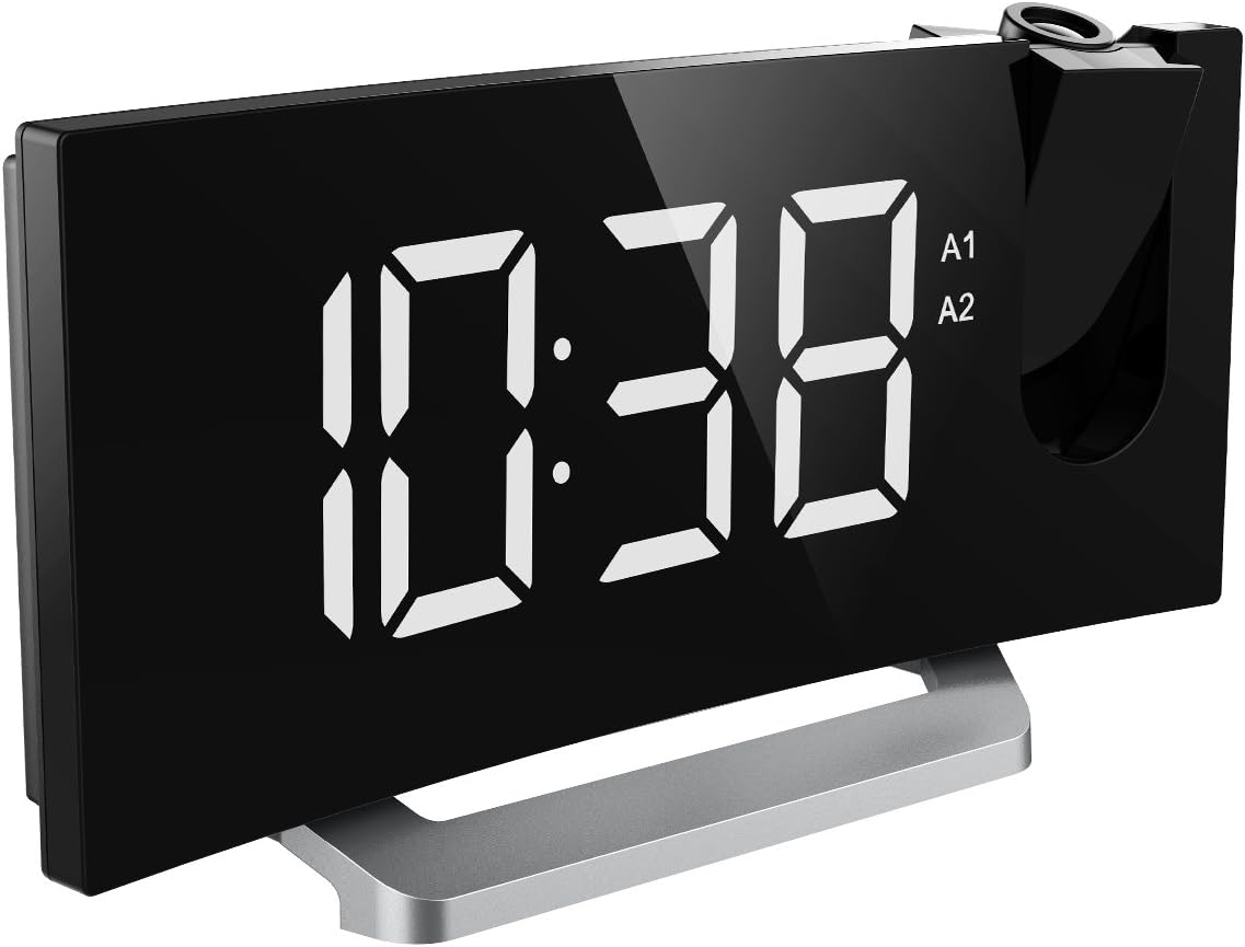 Mpow Projection Clock, FM Radio Alarm Clock, Curved-Screen Digital Alarm Clock, 5'' LED Display with Dimmer, Dual Alarm with USB Charging Port, 12/24 Hours, Backup Battery for Clock Setting