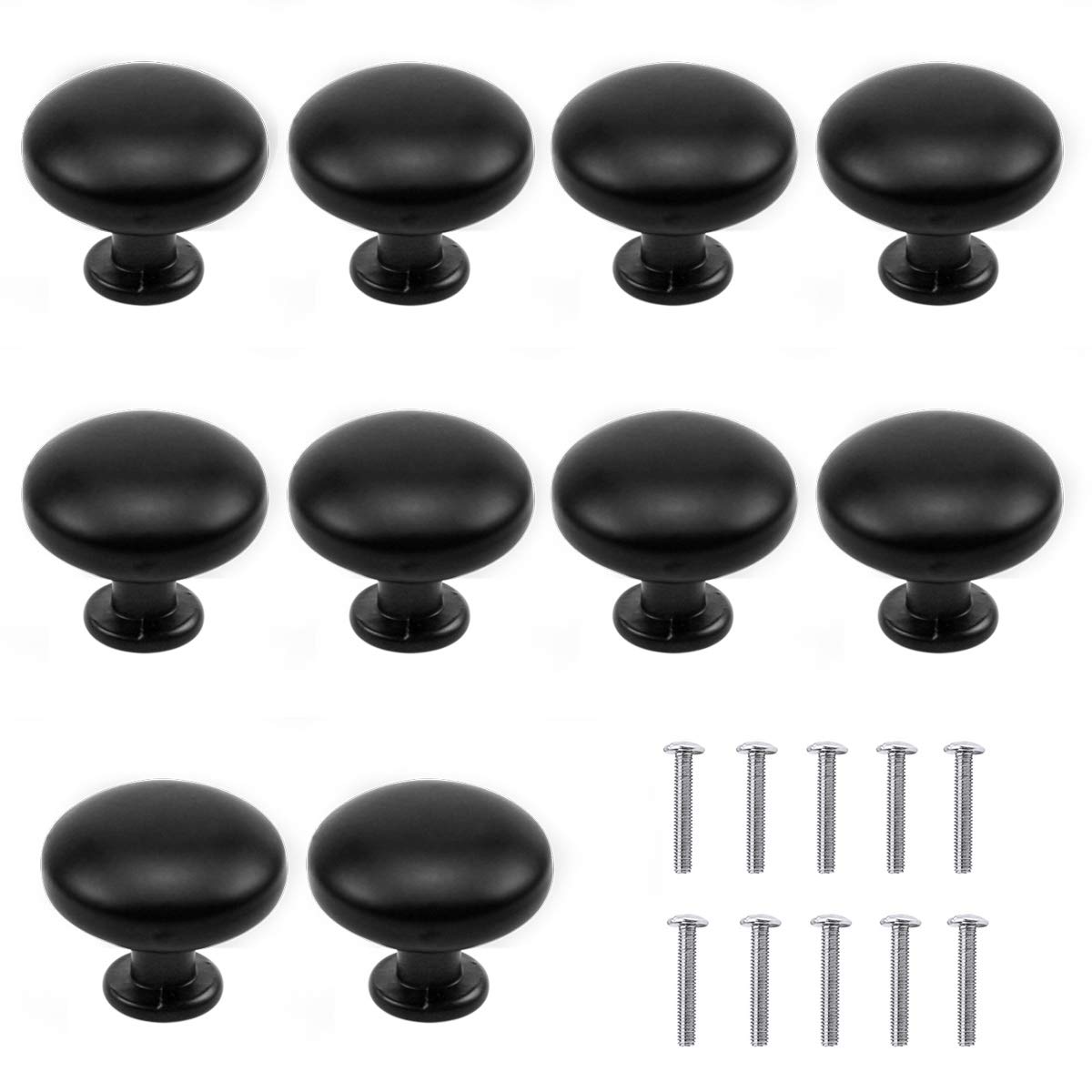 NATUCE 10PCS Matted Black Cabinet Knobs, Round Mushroom Drawer Pull Handle, 30MM Aluminum Alloy, Single Hole With Screws for Cupboard Wardrobe Furniture