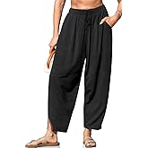 TARSE Women's Linen Harem Pants Casual Loose Fit Wide Leg Cropped Lightweight Drawstring Elastic Waist Pants with Pockets