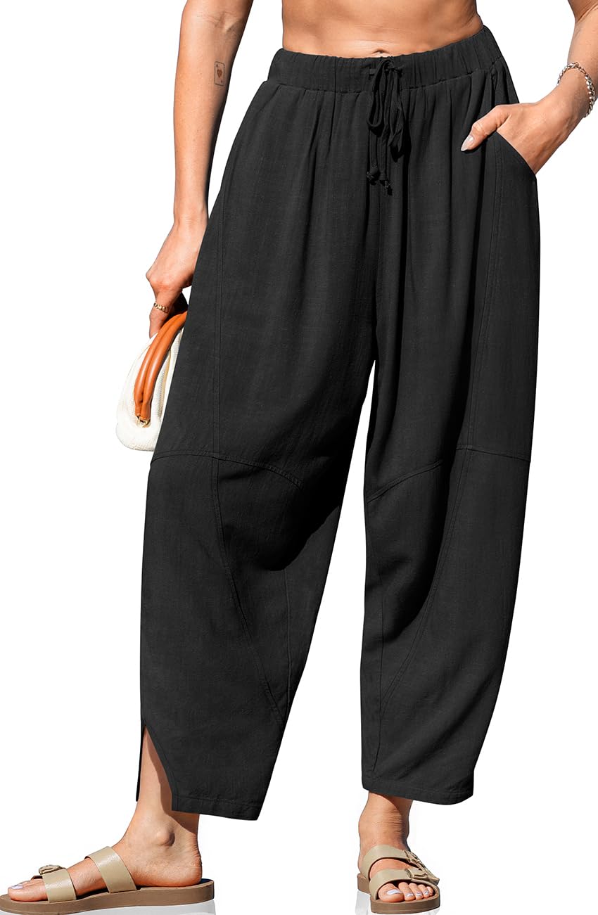 Photo 1 of TARSE Women's Linen Harem Pants Casual Loose Drawstring Elastic Waist Summer Beach Travel Vacation with Pockets(Black,L)