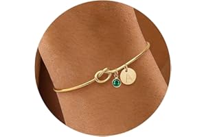 KAERUN Initial Birthstone Gold Bracelets for Women Trendy 14K Gold Plated Letter A-Z Initial Charm Bracelet Tie the Love Knot Adjustable Cuff Bangle Birthstone Bracelets Birthday Bridesmaid Proposal Gifts