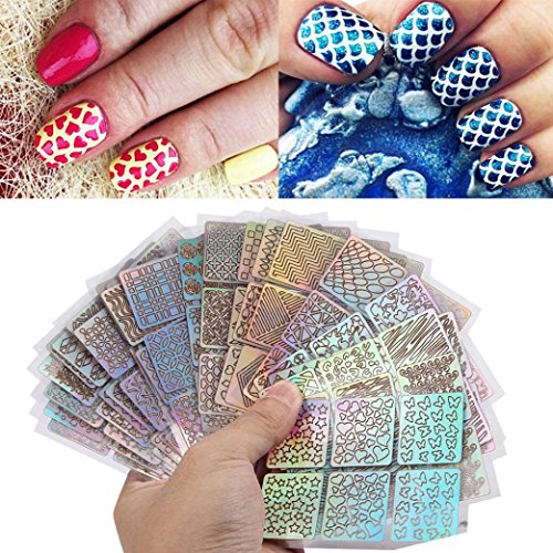 Muxika 24 Sheets New Nail Hollow Irregular Grid Stencil Reusable Manicure Stickers Stamping Template Nail Art Tools