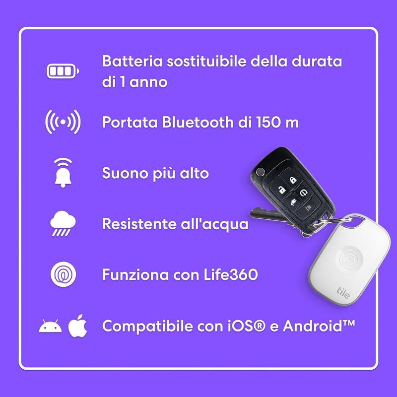 Tile Pro - Localizzatore, cerca oggetti e tracker Bluetooth per chiavi, borse e altro. Compatibile con iOS e Android. Trova telefono. Pacchetto da 4 (Nero/Bianco)