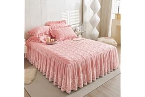Zhiyuan Flower Pattern Quilted Brocade Cotton Bedspread with Lace Ruffled Bed Skirt, Queen Size, Pink