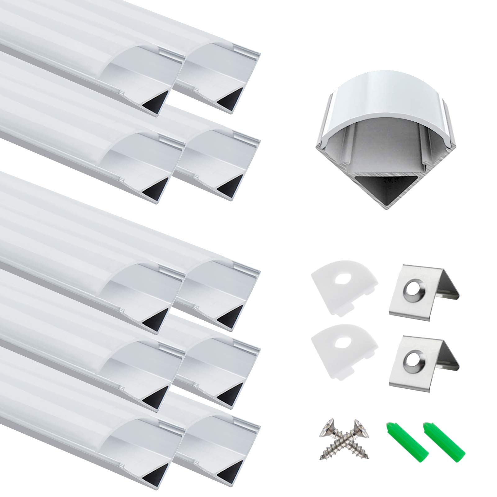 LightingWill 10-Pack LED Aluminum Profile, Strip Channel 3.3ft/1Meter Silver V-Shape Light Diffuser with Milky White Cover, End Caps and Mounting Clips V02