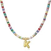 YOUFENG Initial Letter Necklaces for Women Colorful Beaded Gemstone Choker 14K Gold Plated Bubble Letter Pendant Necklace Natural Stone Handmade Jewelry Gift