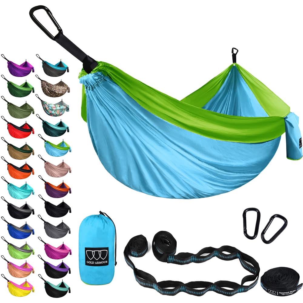 Photo 1 of Gold Armour Camping Hammock - XL Double Hammock Portable Hammock Camping Accessories Gear for Outdoor Indoor with Tree Straps, USA Based Brand (Sky Blue and Lime Green)