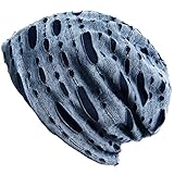 DJT Unisex Slouch Beanie Hat in Vintage Ripped Design Blue
