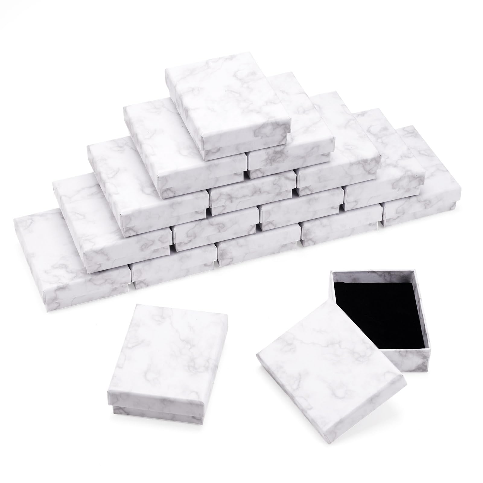Craftdady 24Pcs White Marble Cardboard Jewellery Box Rectangle Jewellery Gift Boxes with Black Sponge for Rings, Necklace, Earrings and Bracelet, 9.1x7.1x2.8cm
