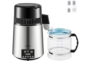 VEVOR Water Distiller, 304 Stainless Steel Countertop Water Stiller, 0.3Gal/H, 0-99H Timing Dual Temp Display, 1.1Gal Distilled Water Maker Machine, Glass Carafe, 3 Carbon Bags, Citric Acid Powder