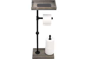 MyGift Vintage Gray Wood and Industrial Metal Pipe Freestanding Toilet Paper Roll Holder Dispenser Stand with Reserve Storage and Top Shelf Tray
