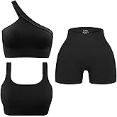 OLCHEE Womens 3 Piece Workout Sets - Seamless Ribbed Yoga Outfits Sports Bra One Shoulder Top Biker Shorts Gym Athletic Cloth