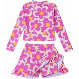 Tstiti Girls Rash Guard Swimsuit Long Sleeve Modest 2 Piece with Skirt | for 3-12 Years,long sleeve,with Skirt Built-in Short