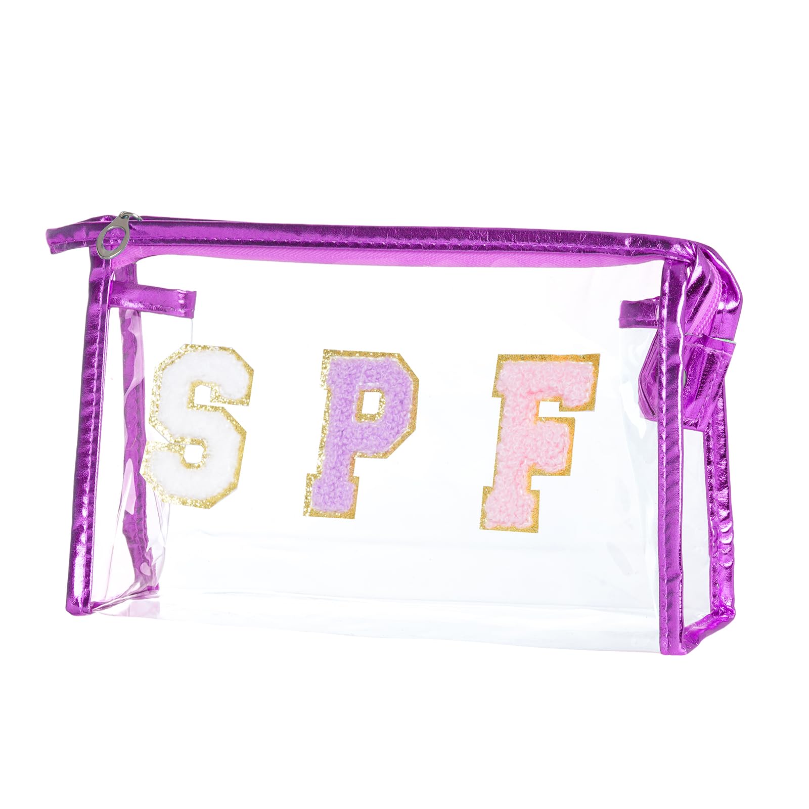 Photo 1 of Hmxpls Clear Preppy Patch Makeup Bag, SPF Chenille Letter Bag for Beach, Clear Pouch with Zipper, Preppy Travel Bags Cosmetic Toiletry Bag for Women Girls Teens (Purple)