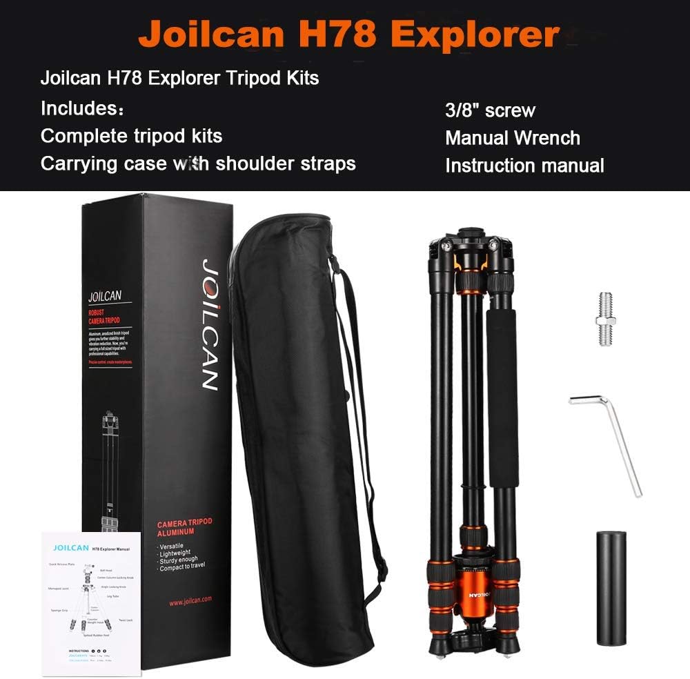 Joilcan 80-inch Tripod for Camera, Aluminum Tripod for DSLR, Monopod, Lightweight Tripod with 360 Degree Ball Head Stable for Travel and Work 18.5"-80", 19lb Load (Orange) : Camera & Photo
