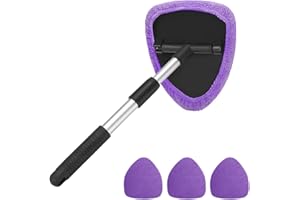 AUKEPO Windshield Cleaning Tool, Car Window Cleaner with Extendable Long Handle and 4 Washable Reusable Microfiber Pads, Auto Interior Exterior Glass Wiper Cleaning Kit Universal for Office and Home (Pueple)