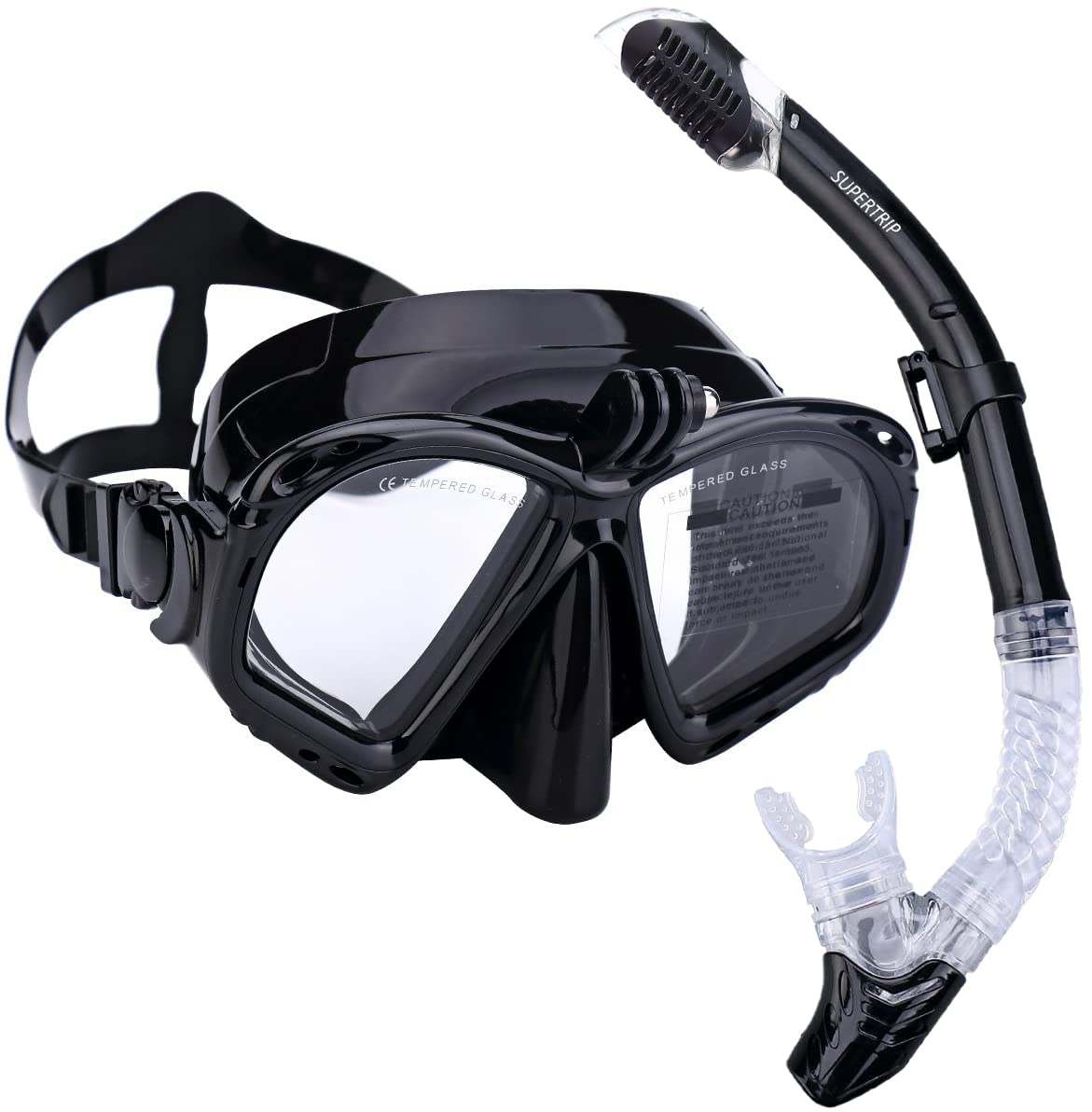 Supertrip Premium Snorkel Set Adult with 2 Mouthpieces Diving Mask Snorkeling Diving Swimming Goggles Mask Dry Snorkel Set with Camera Mount Color Black
