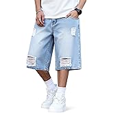Heyfanee Mens Baggy Jean Shorts Ripped Loose Fit Long Denim Shorts Below Knee 14 Inch Inseam